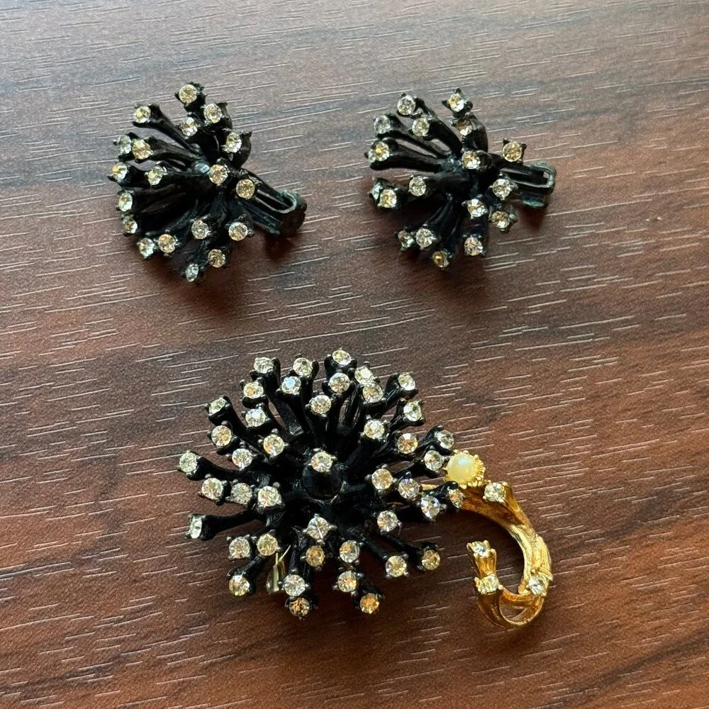 Mid Century Atomic Starburst Earrings and Brooch Pin Set with Rhinestones